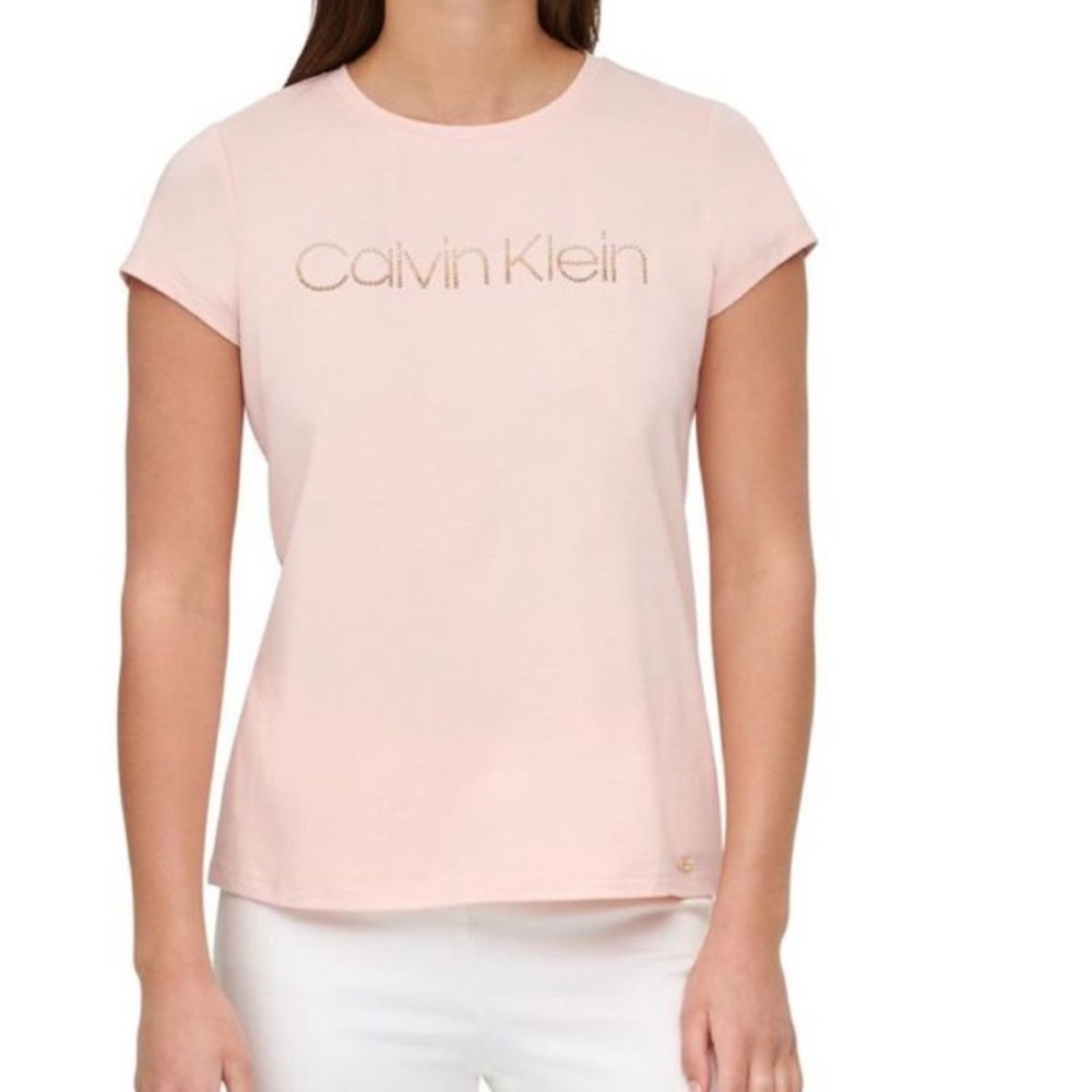 Calvin Klein Pink Short Sleeve Tee with Crystal Rhinestone Embroidery, Size XL
